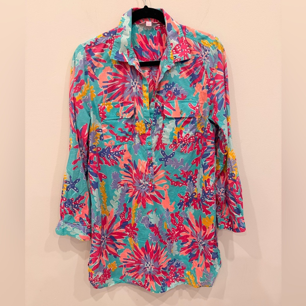 Lilly Pulitzer Coral Reef Popover Shirt Dress Med Tropical Floral 3/4 Sleeve